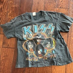 MadeWorn Black KISS Graphic Crop Top with Blue and Yellow Accents